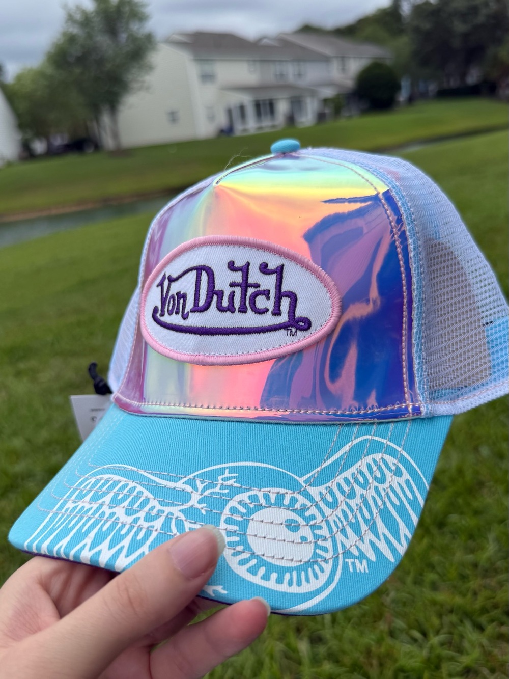 Von Dutch Iridescent Patch Trucker Hat in Aqua and Pink
